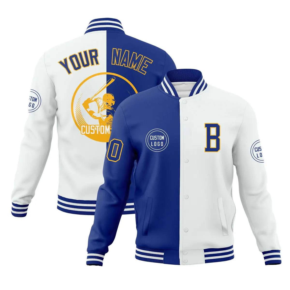 Royal White Split Letterman Full-Snap Varsity Baseball Jacket