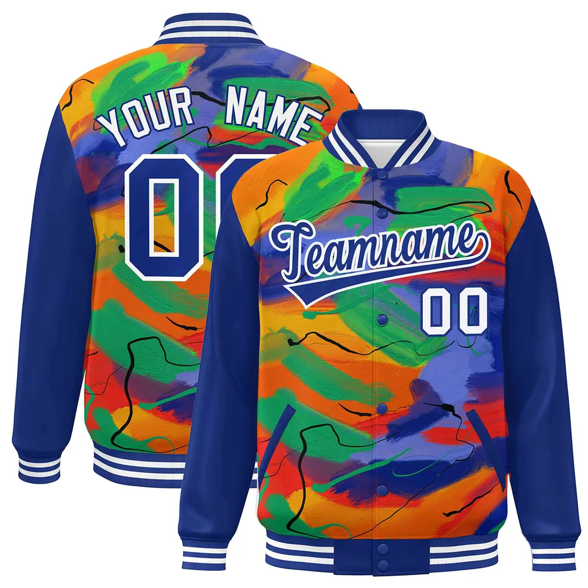 Royal White Tie Dye Graffiti Pattern Varsity Letterman Jacket