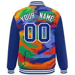 Royal White Tie Dye Graffiti Pattern Varsity Letterman Jacket 4