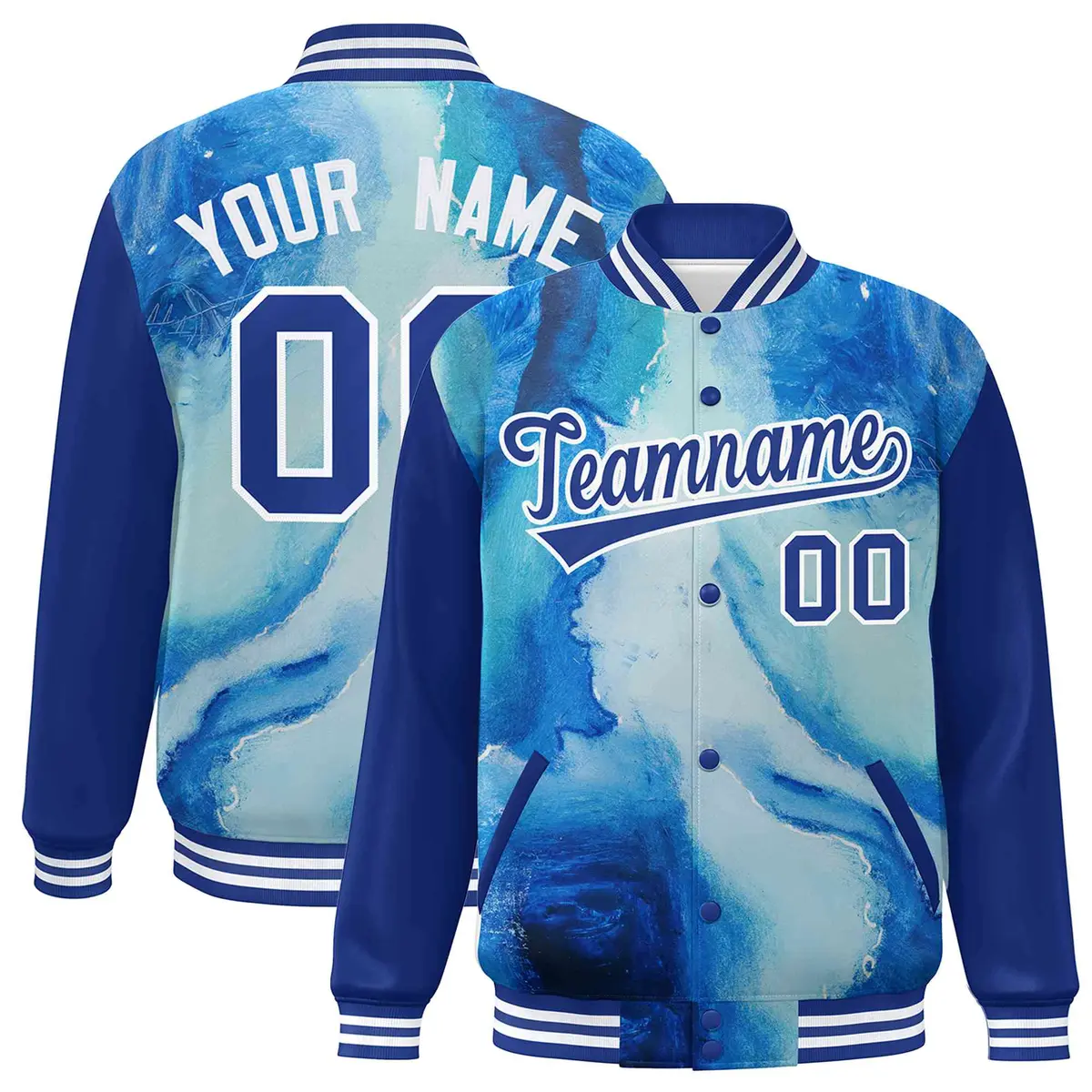 Royal White Tie Dye Graffiti Pattern Varsity Letterman Jacket