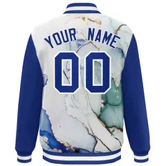 Royal White Tie Dye Graffiti Pattern Varsity Letterman Jacket 4