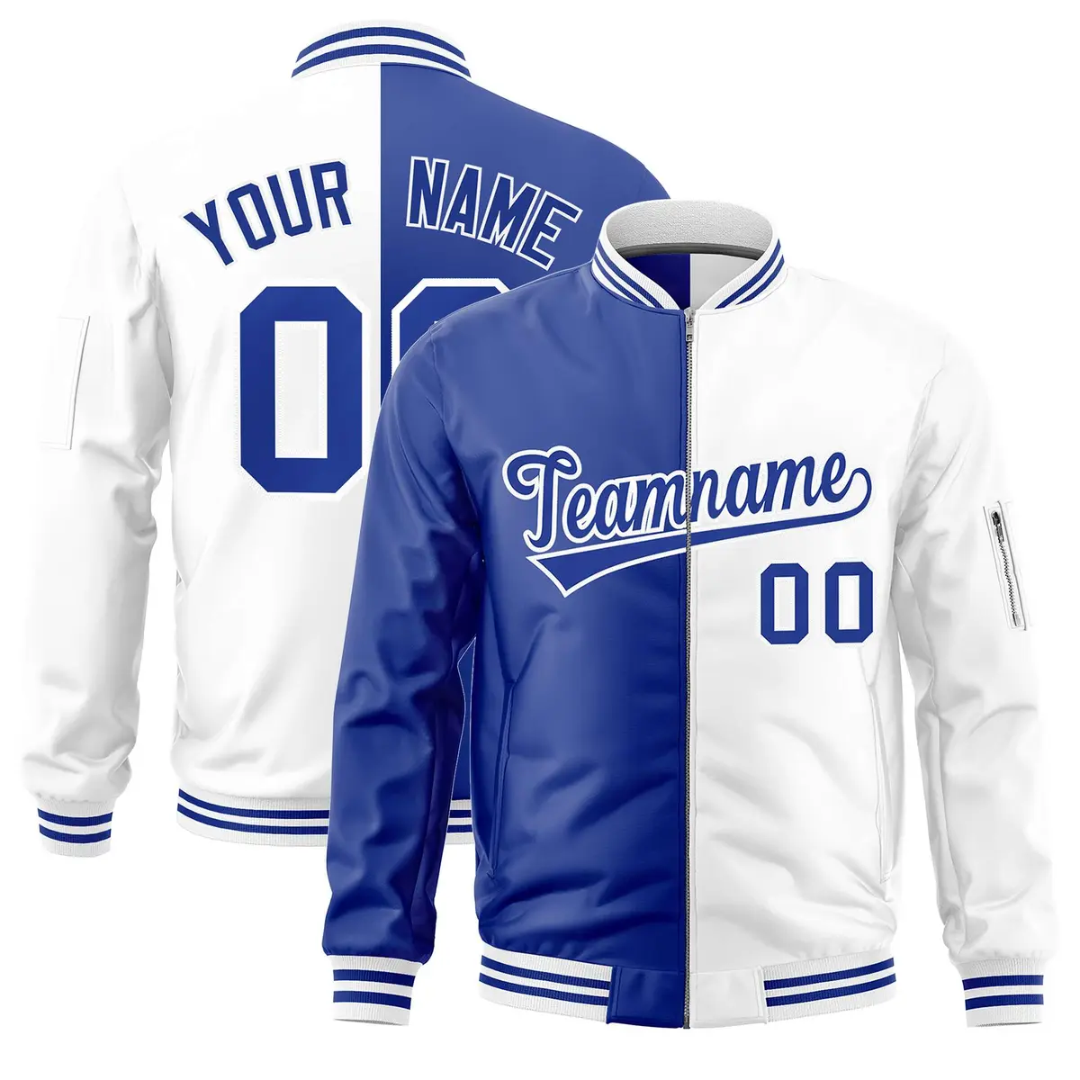 Royal White Two Tone Full-Zip Varsity Letterman Bomber Jacket