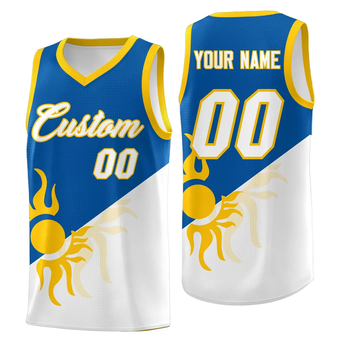 Royal White Two Tone Radiant Sun Design Basketball Jersey