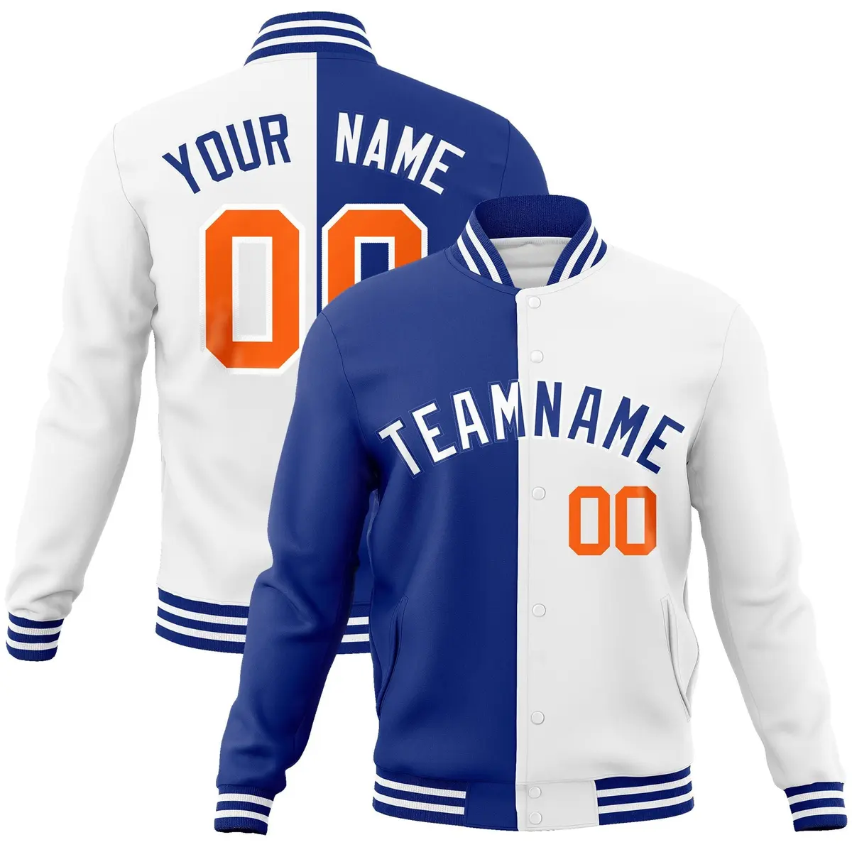 Royal White Two Tone Split Varsity Full-Snap Letterman Jacket