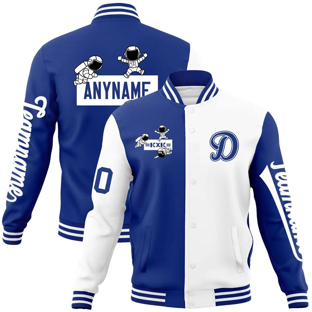 Royal White Two Tone Split Varsity Full-Snap Raglan Letterman Jacket