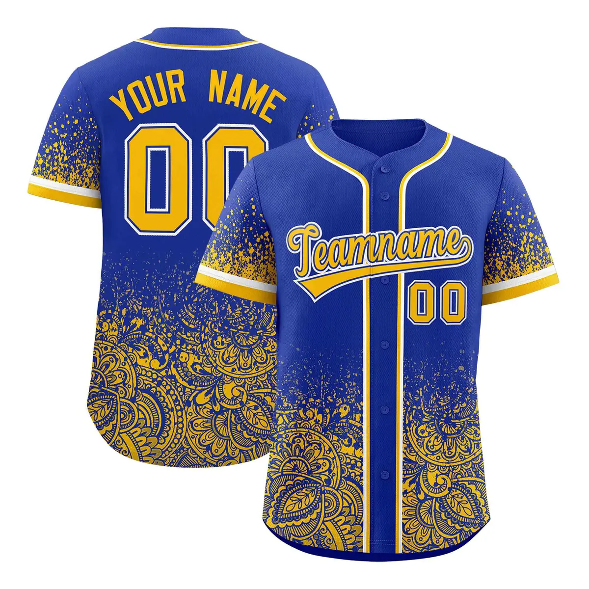 Royal Yellow Gradient Floral Print Full Button Baseball Jersey