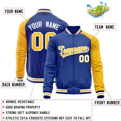 Royal Yellow-Royal Varsity Full-Zip Raglan Sleeves Letterman Baseball Jacket 4