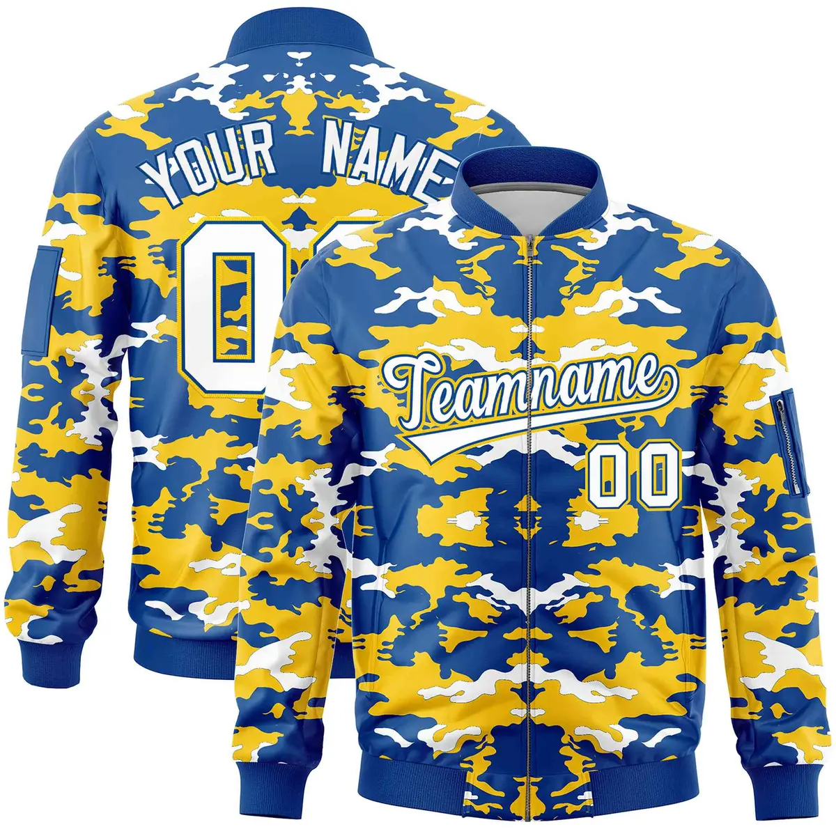 Royal Yellow-White Camo Full-Zip Letterman Bomber Jacket