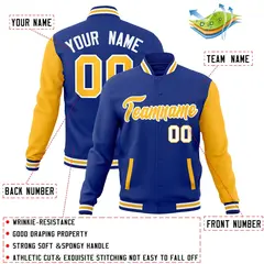 Royal Yellow-White Raglan Sleeves Varsity Full-Snap Letterman Jacket 4
