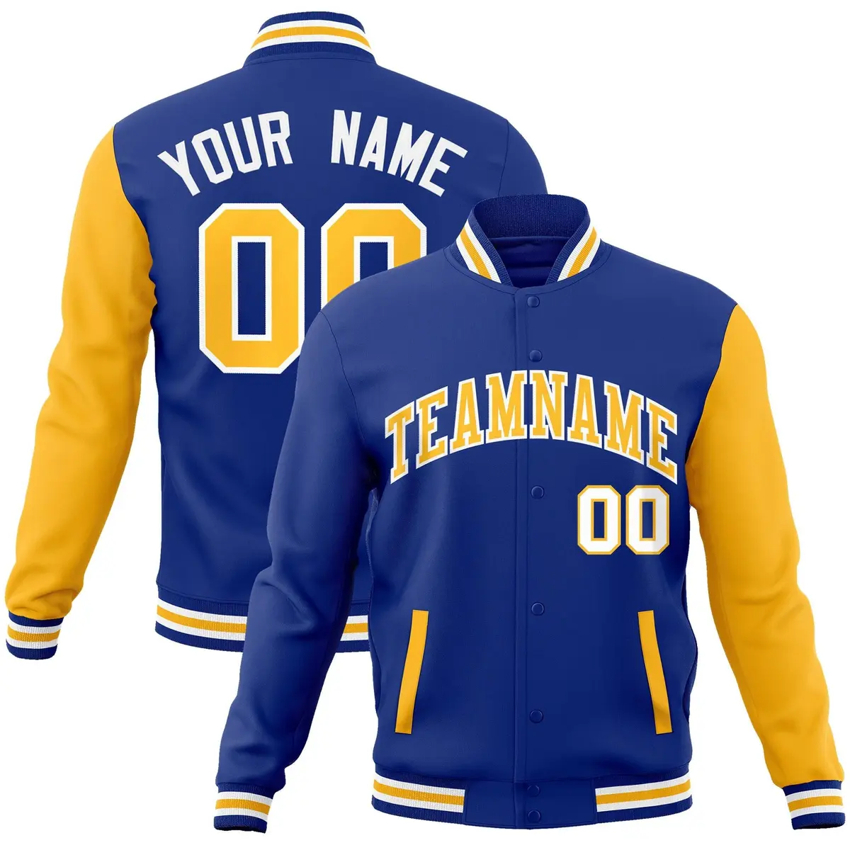 Royal Yellow-White Raglan Sleeves Varsity Full-Snap Letterman Jacket