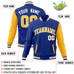 Royal Yellow-White Raglan Sleeves Varsity Full-Snap Letterman Jacket 4