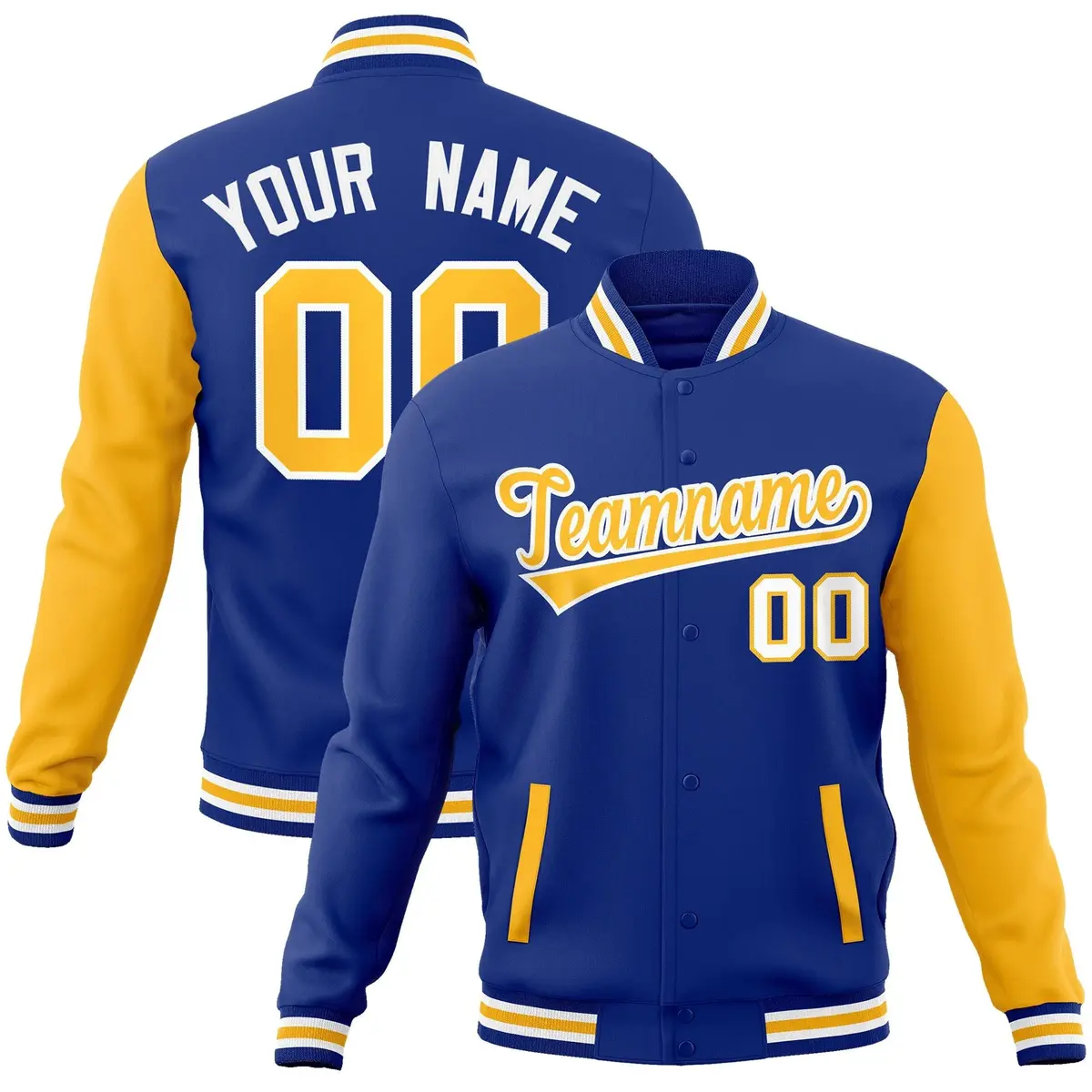 Royal Yellow-White Raglan Sleeves Varsity Full-Snap Letterman Jacket