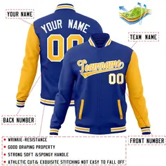 Royal Yellow-White Raglan Sleeves Varsity Full-Snap Letterman Jacket 4