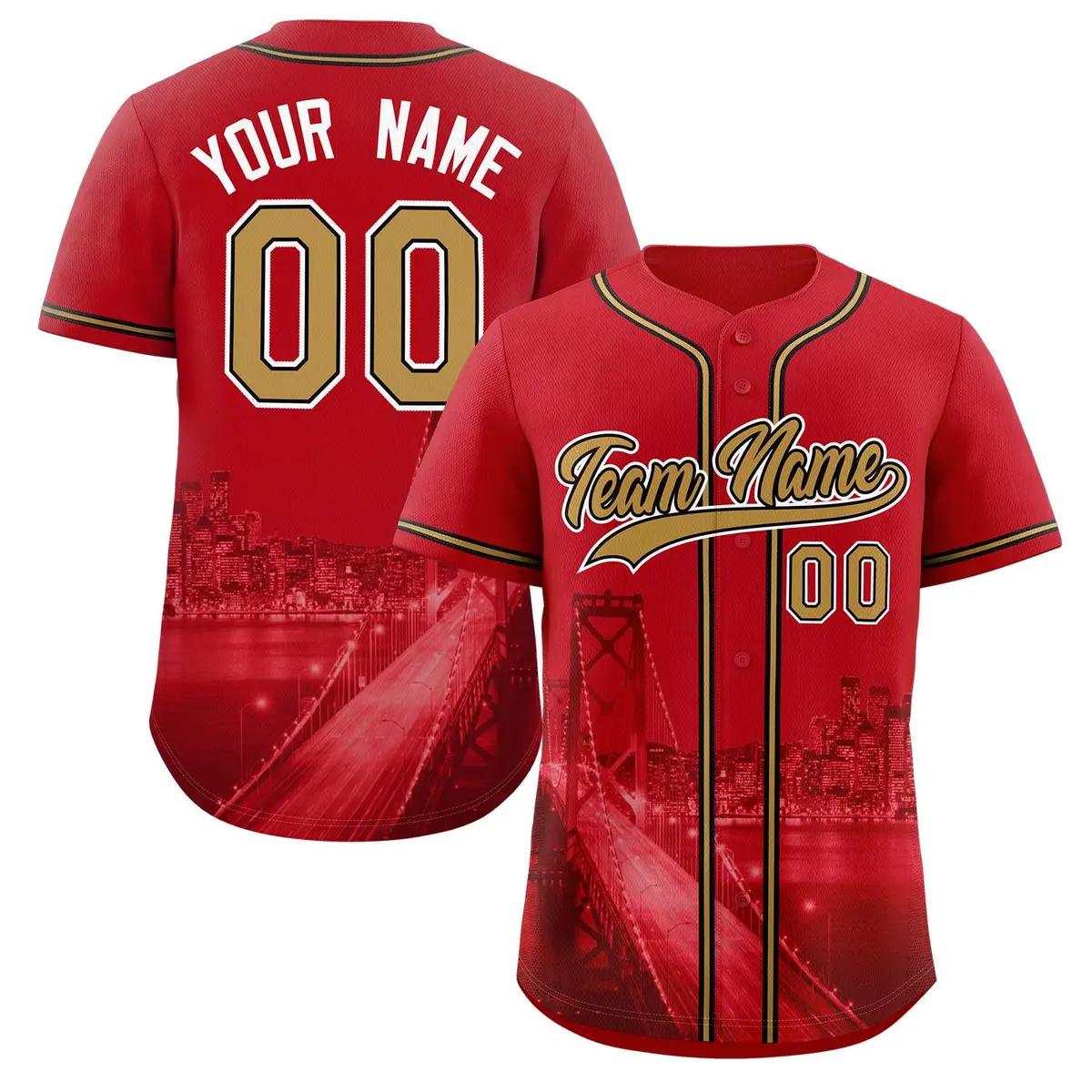 San Francisco City Skyline Baseball Jersey Red Old Gold-Black