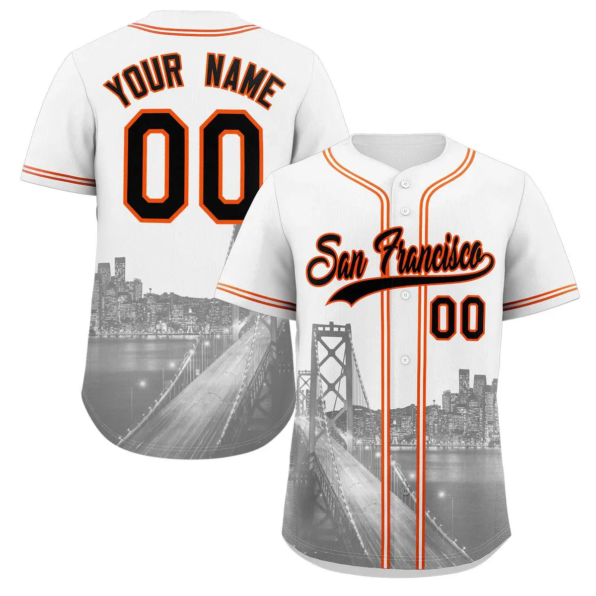 San Francisco City Skyline Baseball Jersey White Black-Orange