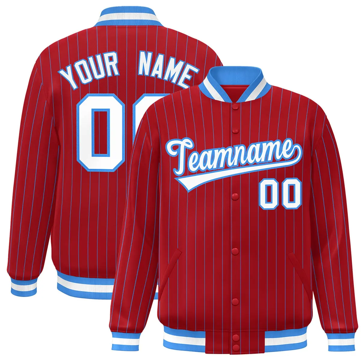 Scarlet White Powder Blue Stripe Letterman Bomber Varsity Jacket