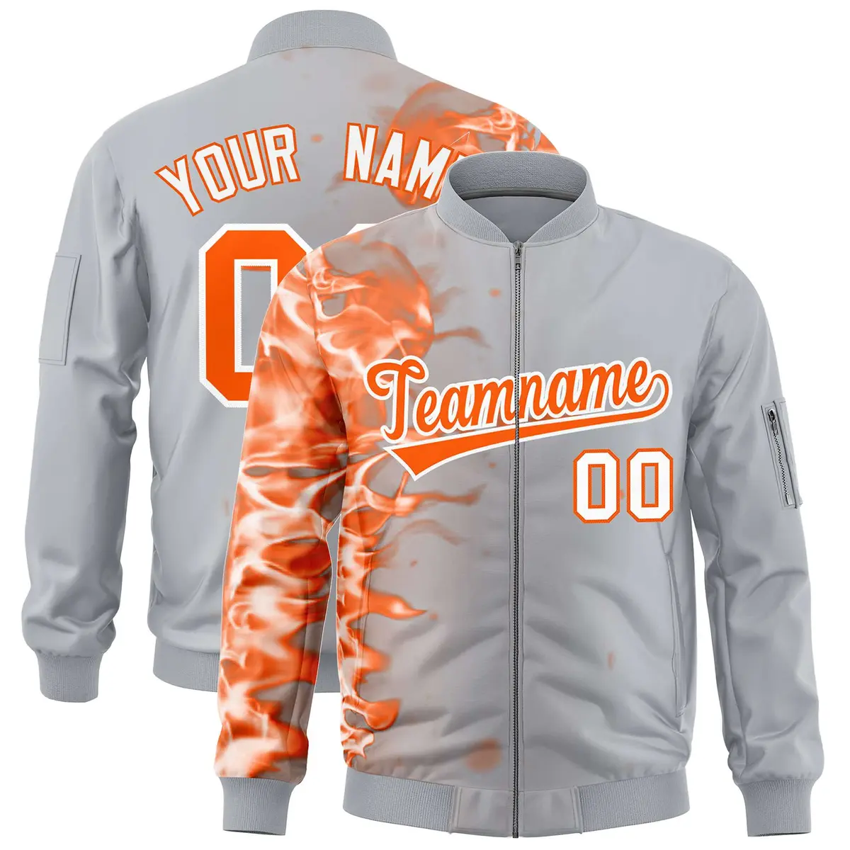 Silver 3D Flame Full-Zip Varsity Letterman Bomber Jacket