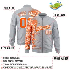 Silver 3D Flame Full-Zip Varsity Letterman Bomber Jacket 2