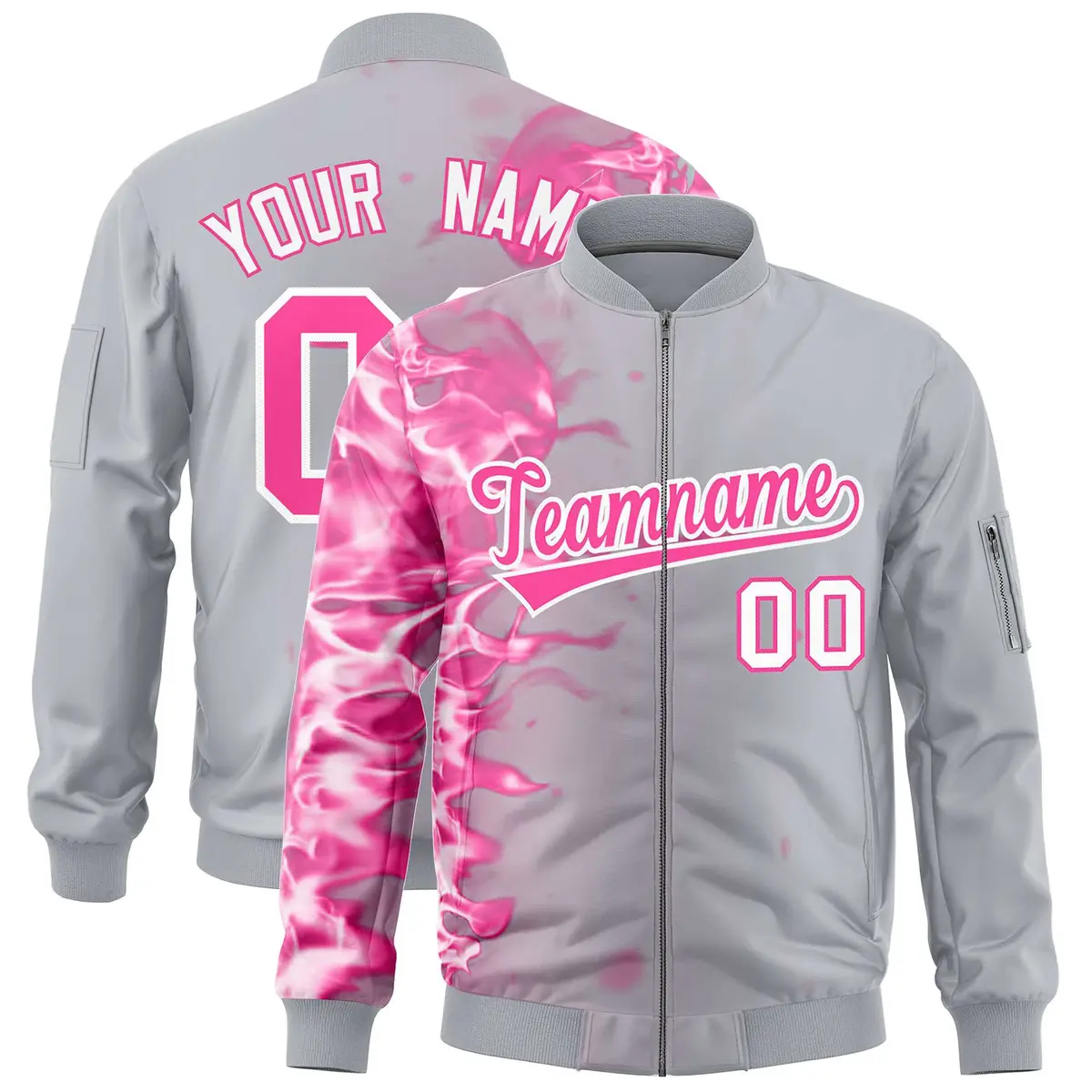 Silver 3D Flame Full-Zip Varsity Letterman Bomber Jacket