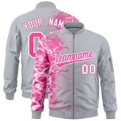 Silver 3D Flame Full-Zip Varsity Letterman Bomber Jacket 1