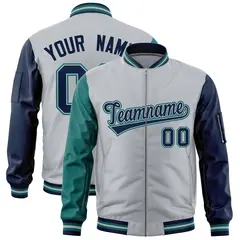 Silver Aqua Navy Varsity Letterman Bomber Jacket Full-Zip Raglan Sleeves 1