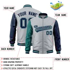 Silver Aqua Navy Varsity Letterman Bomber Jacket Full-Zip Raglan Sleeves 2