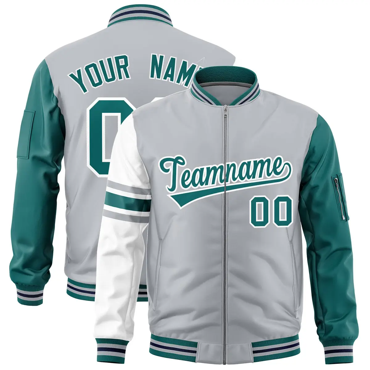 Silver Aqua-White Stripe Raglan Varsity Full-Zip Letterman Bomber Jacket