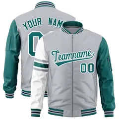 Silver Aqua-White Stripe Raglan Varsity Full-Zip Letterman Bomber Jacket 1