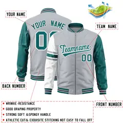 Silver Aqua-White Stripe Raglan Varsity Full-Zip Letterman Bomber Jacket 2