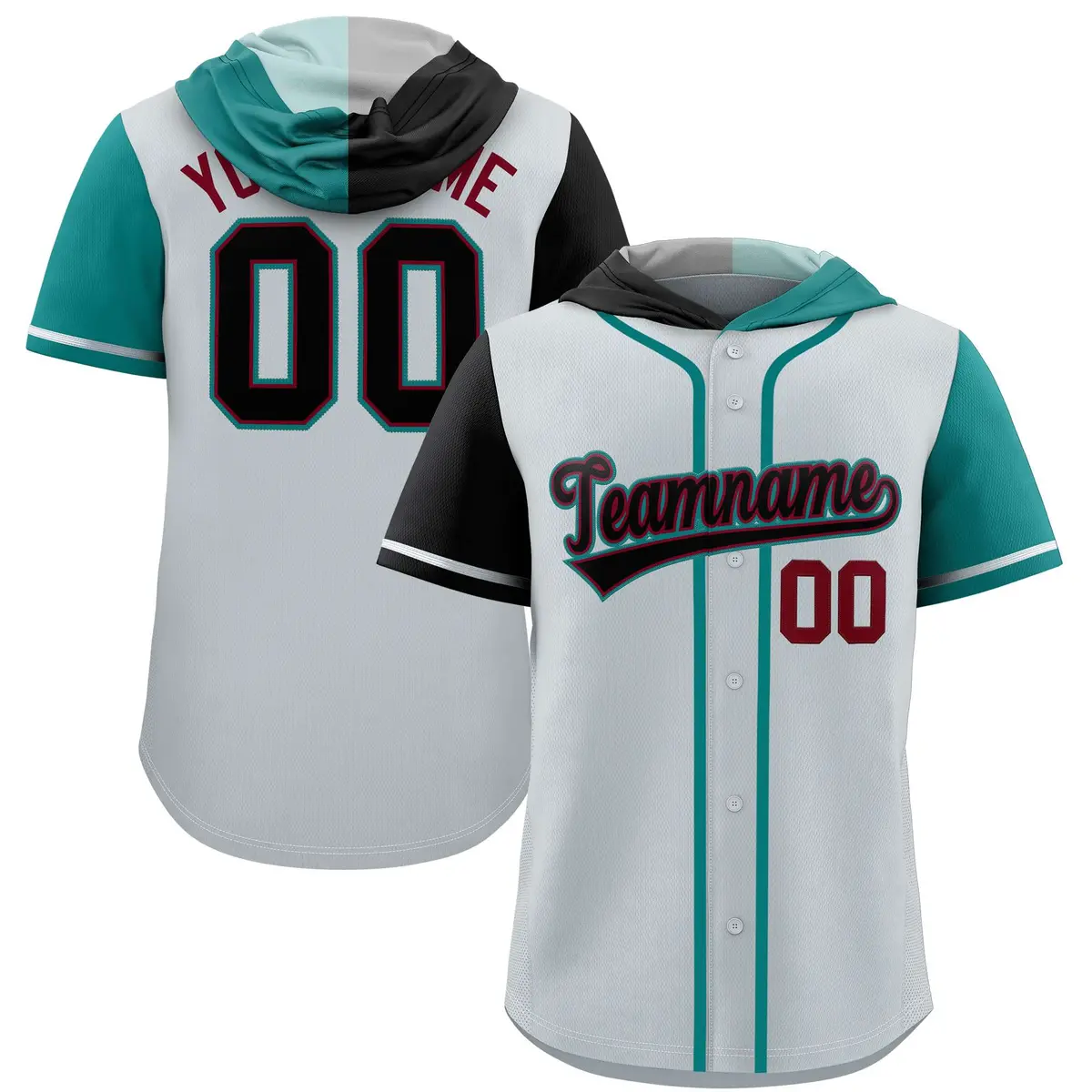 Silver Black and Aqua Split Raglan Baseball Hoodie Jersey