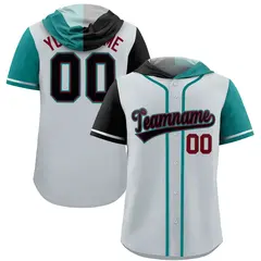 Silver Black and Aqua Split Raglan Baseball Hoodie Jersey