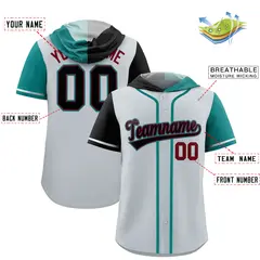 Silver Black and Aqua Split Raglan Baseball Hoodie Jersey 2