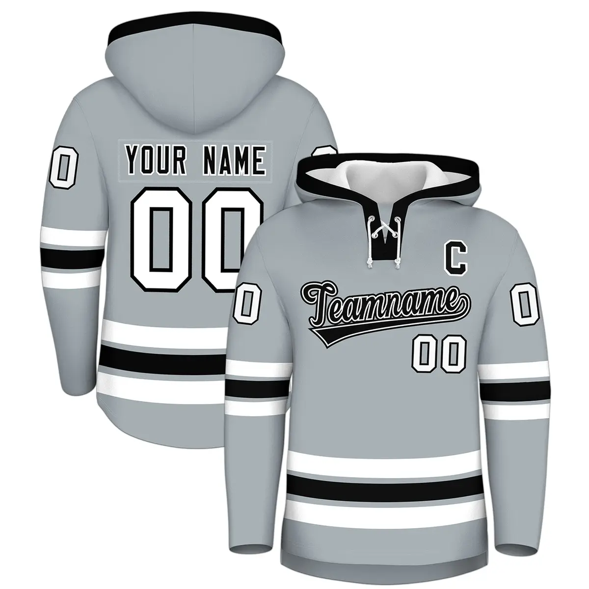 Silver Black Lace-Up Neck Classic Hockey Hoodie