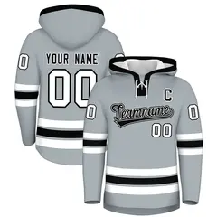 Silver Black Lace-Up Neck Classic Hockey Hoodie