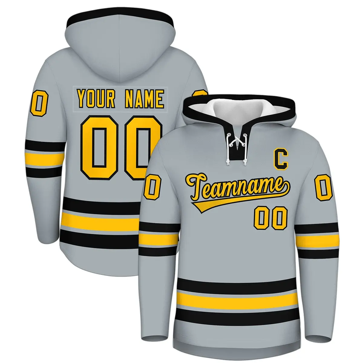 Silver Black Lace-Up Neck Classic Hockey Hoodie