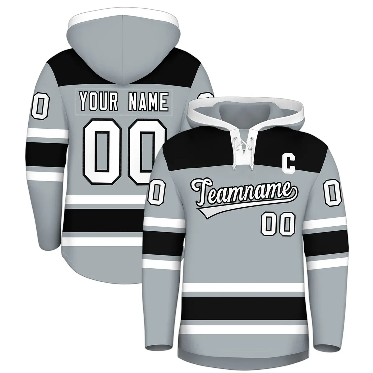 Silver Black Raglan Lace-Up Neck Hockey Hoodie Jersey