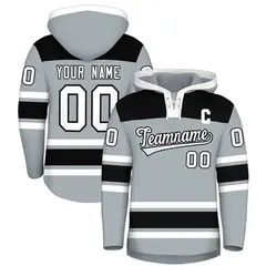 Silver Black Raglan Lace-Up Neck Hockey Hoodie Jersey 1