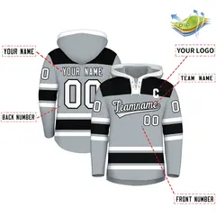 Silver Black Raglan Lace-Up Neck Hockey Hoodie Jersey 2