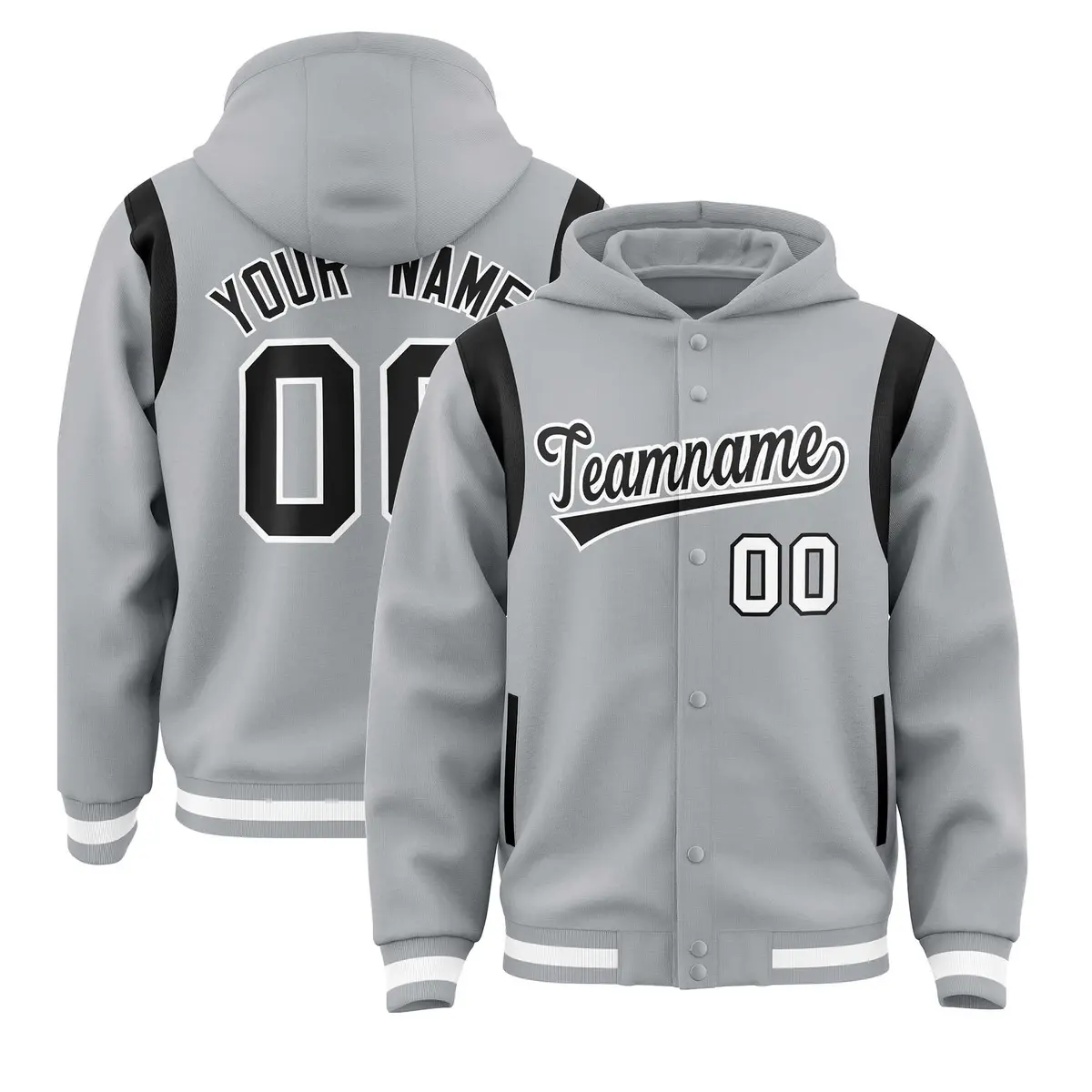 Silver Black Shoulder Color Block Varsity Letterman Jacket Hoodie