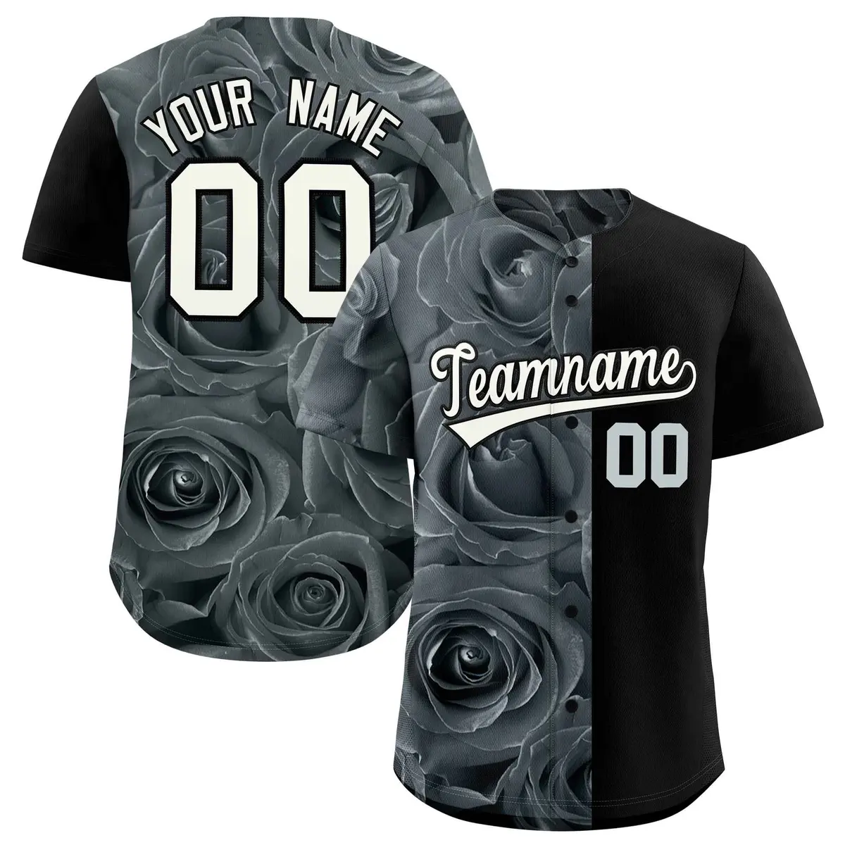 Silver Black Split Rose Print Baseball Jersey