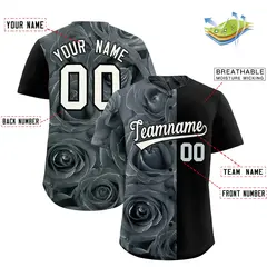 Silver Black Split Rose Print Baseball Jersey 2