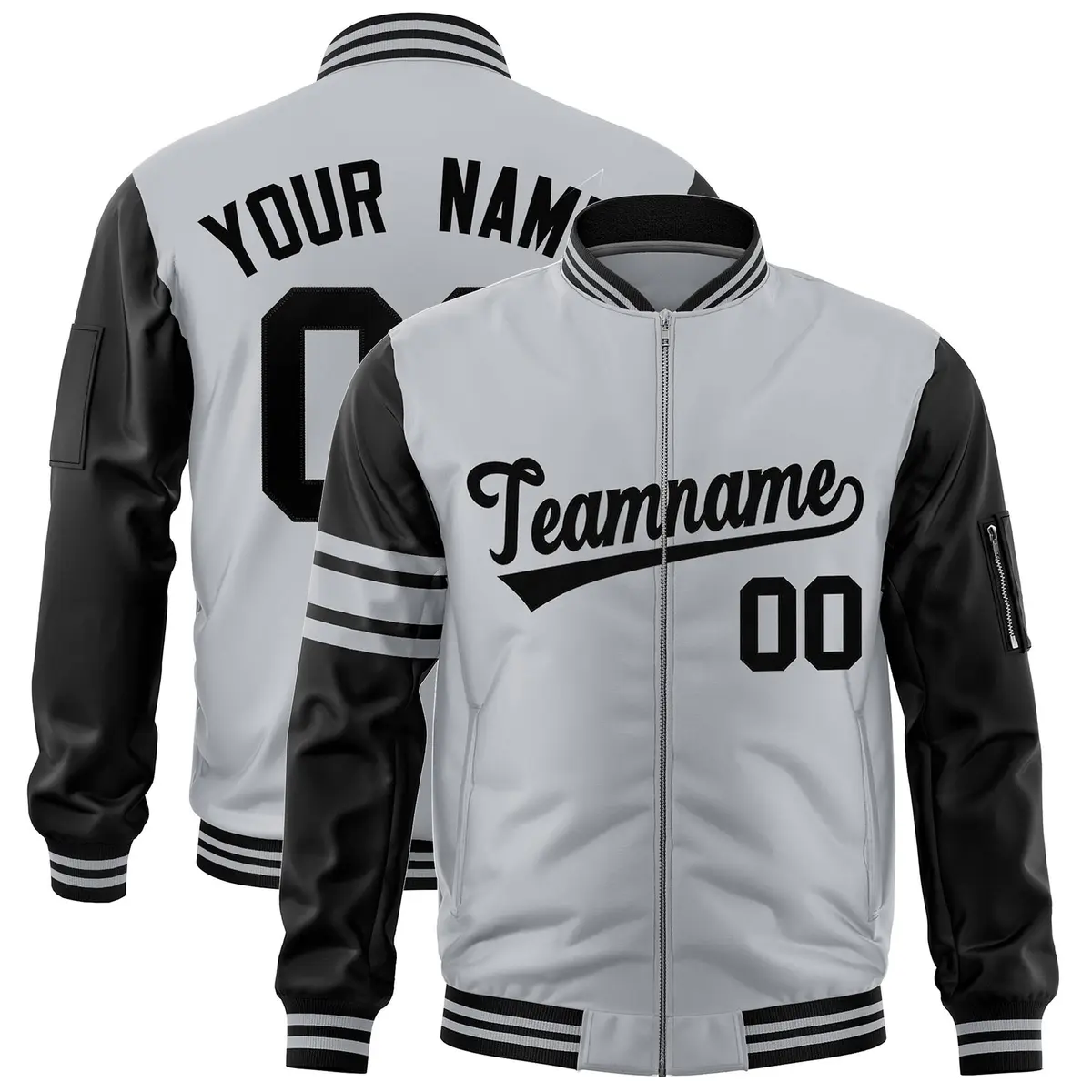 Silver Black Varsity Full-Zip Raglan Stripe Letterman Bomber Jacket