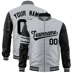 Silver Black Varsity Full-Zip Raglan Stripe Letterman Bomber Jacket 1