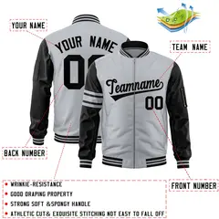 Silver Black Varsity Full-Zip Raglan Stripe Letterman Bomber Jacket 2