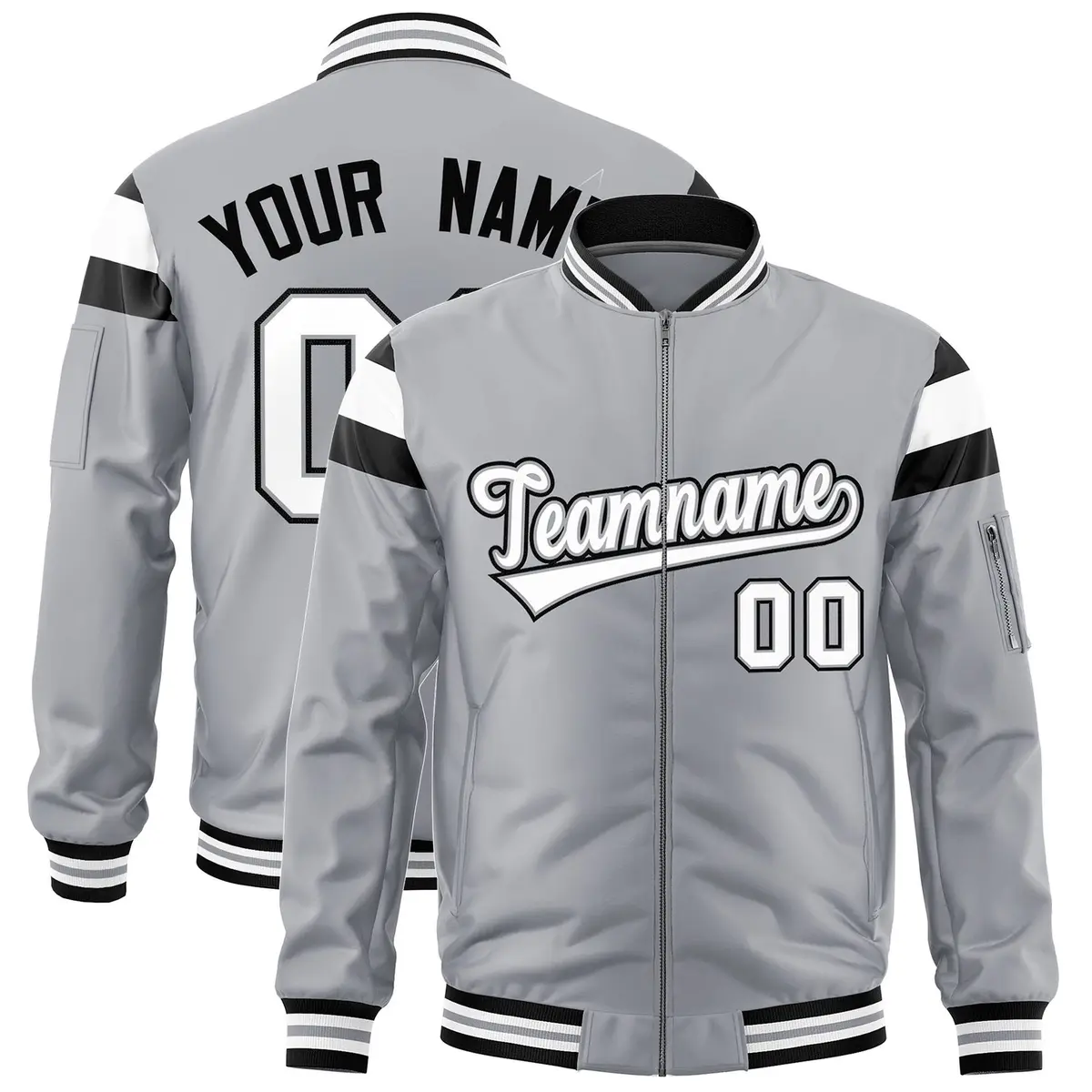 Silver Black-White Full-Zip Shoulder Color Block Letterman Bomber Jacket