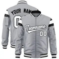 Silver Black-White Full-Zip Shoulder Color Block Letterman Bomber Jacket