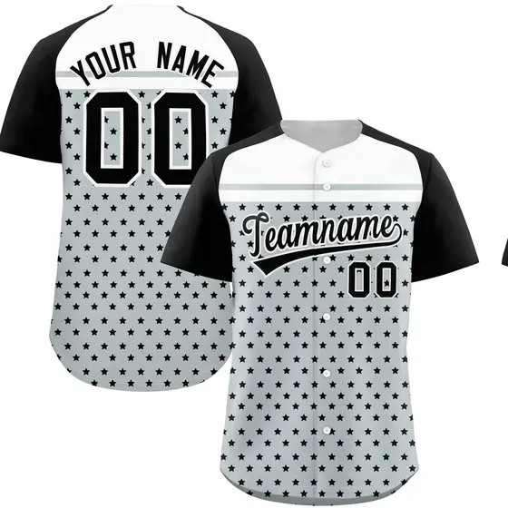 Silver Black White Raglan Star Print Baseball Jersey