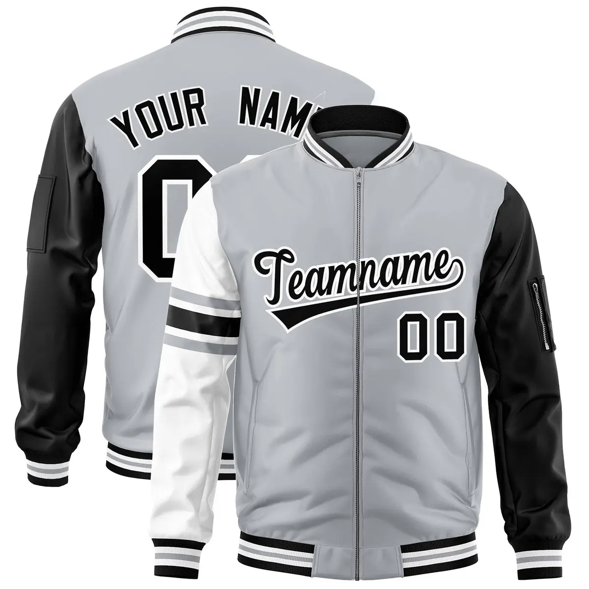 Silver Black-White Stripe Raglan Varsity Full-Zip Letterman Bomber Jacket