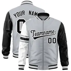 Silver Black-White Stripe Raglan Varsity Full-Zip Letterman Bomber Jacket