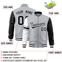 Silver Black-White Stripe Raglan Varsity Full-Zip Letterman Bomber Jacket 2